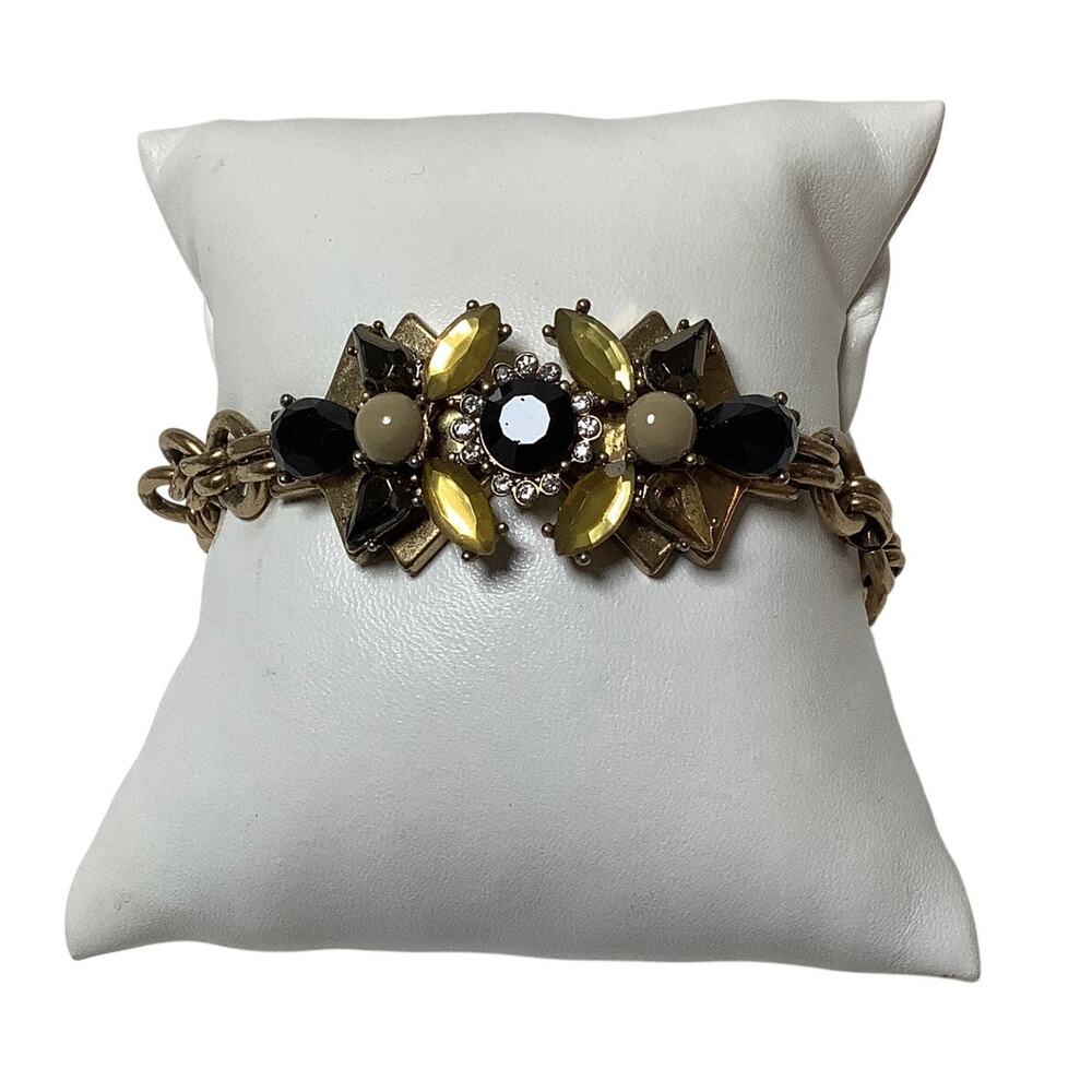 J.Crew Gold Tone Rhinestone Flower Cluster Chunky Chain Statement Bracelet A4-51